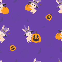 Cute Halloween background. Seamless pattern with funny Halloween bunny in witch hat with spider and Jack Pumpkin on purple background with bats and cobwebs. Vector illustration. kids collection.
