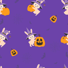 Fototapeta premium Cute Halloween background. Seamless pattern with funny Halloween bunny in witch hat with spider and Jack Pumpkin on purple background with bats and cobwebs. Vector illustration. kids collection.
