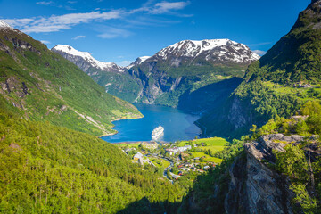 Above Gieranger fjord, ship and village, Norway, Northern Europe