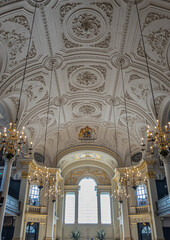 London, UK- July 4, 2022: Trafalgar Square. Inside St. Martin-in-the-fields church, White decorated...