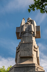 London, UK- July 4, 2022: Off Trafalgar Square. Closeup of Edith Cavell Memorial top with red cross...