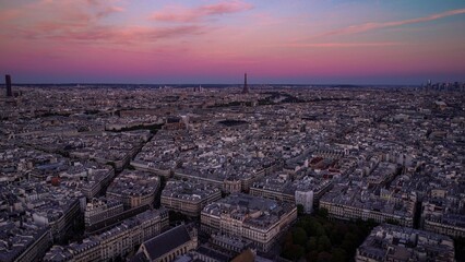 Aerial panoramic view of the Eiffel Tower, Montparnasse, la Defense and the Arc de Triomphe at...