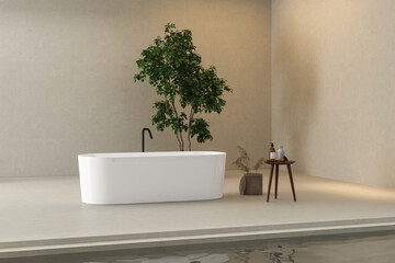 Beautiful white bathtub standing on concrete floor in minimal bathroom, with plant, pool and clothing rack. 3d Rendering