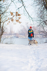 Young woman walking her husky dog in winter snow