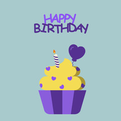 Greeting card with a Birthday cupcake with burning candle 