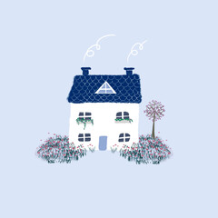 casita con chimenea lila y plantas