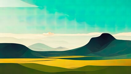 Mountains, flat 2d, minimal vintage wallpaper. 4k backgrounds of mountain, sky and hills. Colorful pastel colors. Cartoon design. Minimal, geometric trendy backdrop.