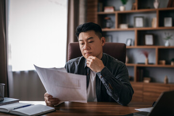 Concentrated calm middle aged chinese man at table works with documents in home office interior