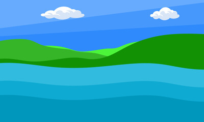 Fototapeta na wymiar Riverbank Illustration. water and land resources. grass, mountains and the lake. Riverbank vector 