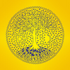 Tree of life in the center of a circular mandala. Sun and moon. Elegant openwork pattern. Blue on yellow, the colors of the flag of Ukraine.