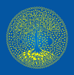 Tree of life in the middle of a circular mandala. Elegant openwork pattern. Yellow on blue, the colors of the flag of Ukraine.