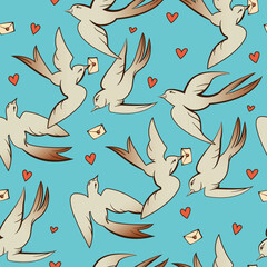 Seamless pattern with swallows. swallows with letters and hearts