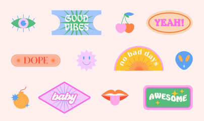 Vector set of colorful fun patches and stickers in 90s style.Modern icons or symbols in y2k aesthetic with text.Trendy kidcore designs for banners,social media marketing,branding,packaging,covers