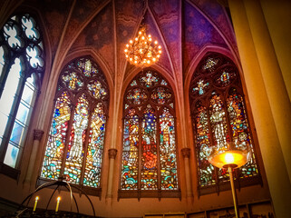 Painted windows in Gustav Adolfs church in Gothenburg, Sweden