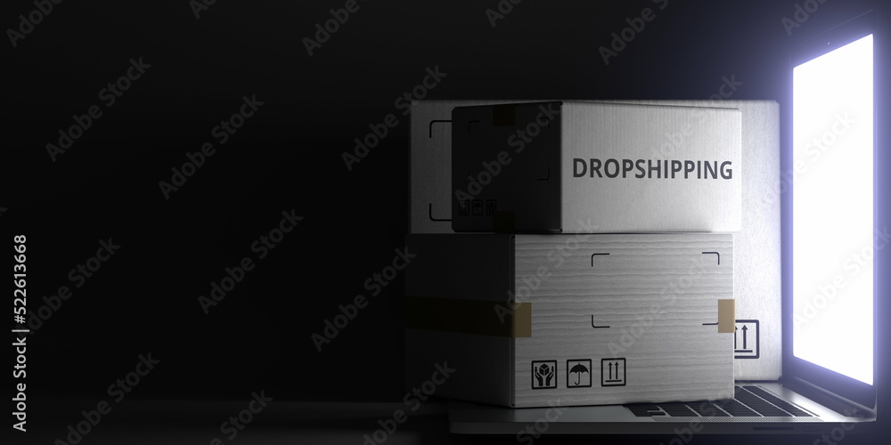 Poster dropshipping text on the boxes on the laptop on dark background. 3d rendering