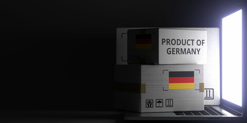 PRODUCT OF GERMANY text and flag sticker on the boxes on the laptop on dark background. 3D rendering