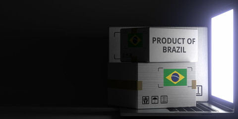 PRODUCT OF BRAZIL text and flag sticker on the boxes on the laptop on dark background. 3D rendering