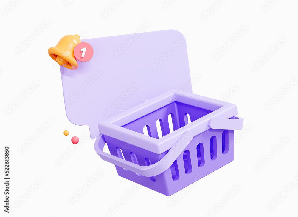 Aufkleber 3d shopping basket with bell notification and speech bubble with empty copy space. push notice in on