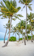 Tropical beach summer relax landscape with beach swing or hammock hang on palm tree over white sand sea beach banner. Vacation summer holiday concept. Luxury romantic travel 