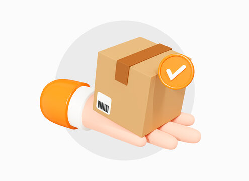 3D Hand holding parcel with check mark. Delivery of order in cardboard box. Fast delivery concept. Mail by courier. Cartoon creative design icon isolated on white background. 3D Rendering