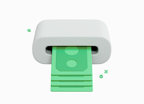 3D Withdrawing cash from ATM. Cash dollar bills. Cashing out of finances. Bank payment concept. Currency contribution. Cartoon creative design icon isolated on white background. 3D Rendering