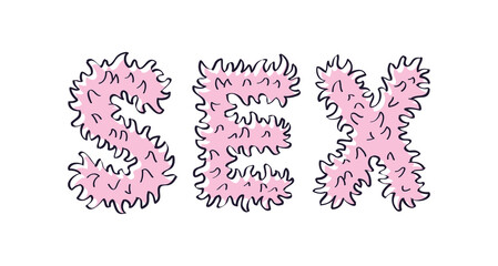 Furry sex word text letters, plush, fluffy, feathers, or blooming flower petals shape hand drawn doodle line style vector illustration, sex shop banner lettering print design.
