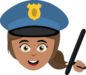 Vector illustration of the face of a cartoon brunette woman with a police hat and a nightstick in her hand