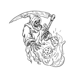 Naklejka premium The Grim Reaper Rolling the Dice Drawing Black and White