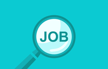 Magnifying glass over the word Job, on a blue background top view. Job search design, vector illustration