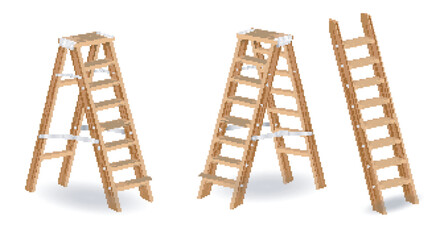 set of realistic wooden stairs or metal ladder step for construction needs or staircase ladder with rope. eps vector
