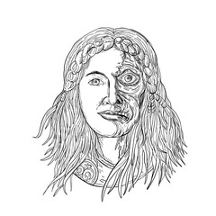 Norse Goddess Hel Face Front Drawing Black and White