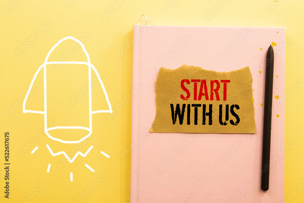 Poster the text let us get started with red notebook aside isolated on a white paper background.