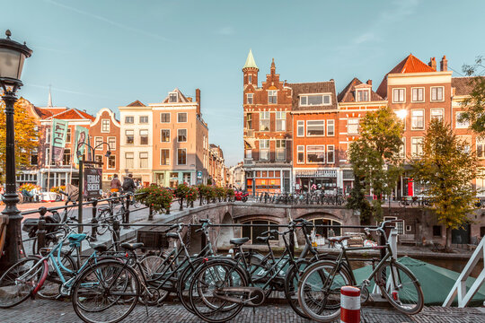 Traditional Dutch buildings and street view around the beautiful canals of Utrecht, NL