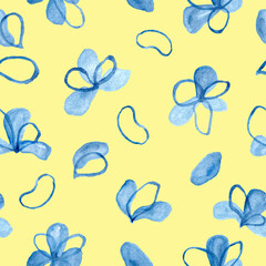 Blue flowers and petals watercolor painting - seamless pattern with blossom on yellow background