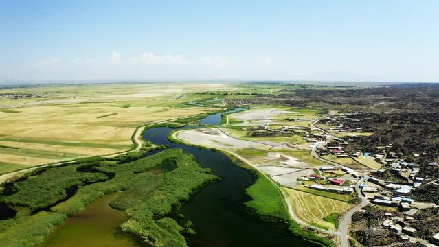 Aerial view of Karasu Marshes in Igdir. 4K footage in Turkey