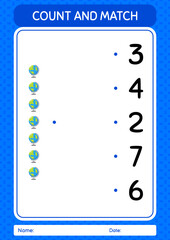 Count and match game with globe. worksheet for preschool kids, kids activity sheet
