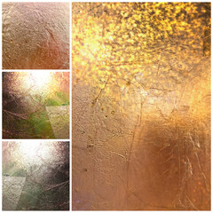  gold bronze silver patina  vintage pastel colorful  leather ,paper ,fabric art folium pink blue yellow silver  texture background template abstract collage 

