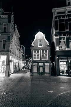 Street view at night and traditional Dutch buildings in the historic center of Utrecht, Netherlands