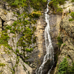 Cascade of Water Falls Over Mossy Cliff Face