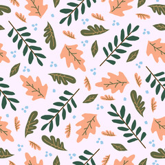Seamless pattern hand drawn flowers and leaves floral in muted colors. Perfect for print on fabric textile, clothes, dress, wrapping, book cover, packaging, wedding invitation.