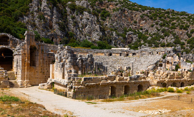 Fototapeta na wymiar Remains of theatre in ancient city Myra, modern Demre, Antalya Province, Turkey.