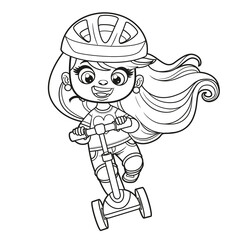 Cute cartoon girl in a helmet speeding on a scooter outlined for coloring page on white background