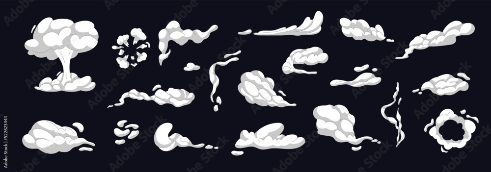 Wall mural smoke and dust cloud set. cartoon smoke clouds. exploding effect frames set. collection of isolated 