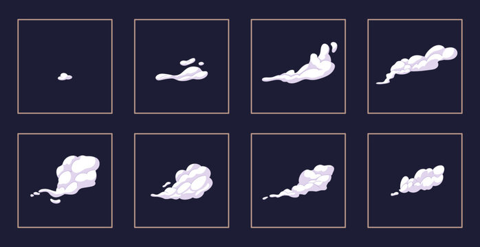 Explode effect animation with smoke. Exploding, blasting, bursting element from fume, gas, ash. Cartoon explosion animated shot, explode clouds frames. Movement puff effect