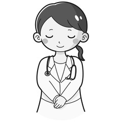 お辞儀をする白衣を着た女性のイラスト（聴診器付き）