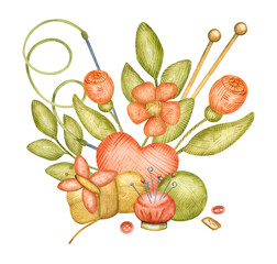 Watercolor illustration, flower arrangement, knitted bouquet, yarn, butterflies and flowers, red and green, imitation of knitting
