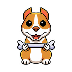 Fototapeta premium Cute little pitbull cartoon holding a bone