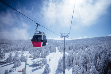 Cable Car way to snowy uludag mountains in bursa turkey with beautiful view from the top