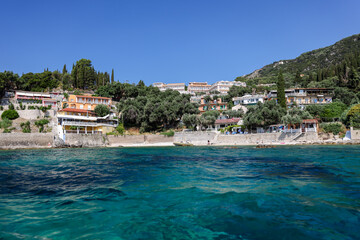 Fototapeta premium Rocky seasides and ocean views of the coastline of Corfu on a sunny day