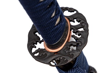 Wave Design Tsuba: Japanese sword hand guard made of steel. Sword hilt and sheath wrapped with navy...